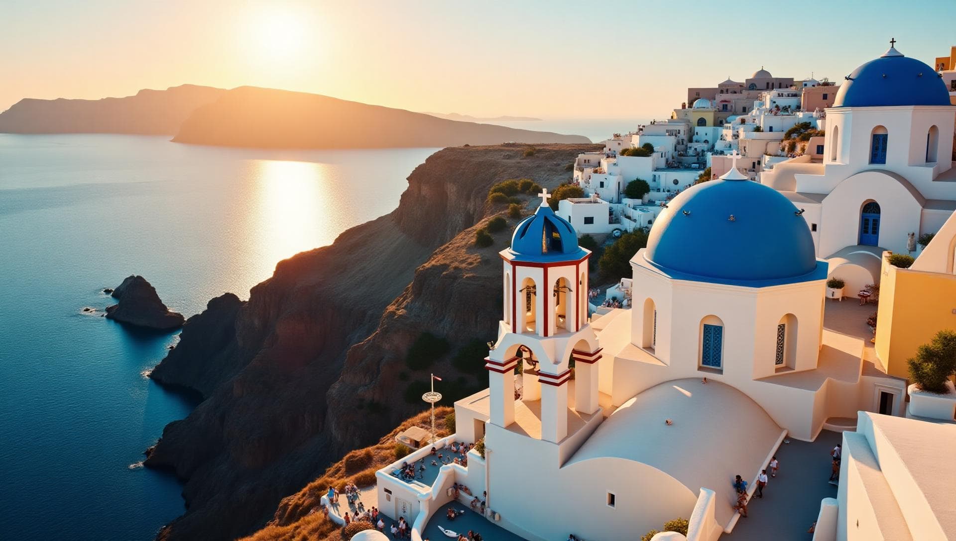 Aegean coast and whitewashed island village at sunset